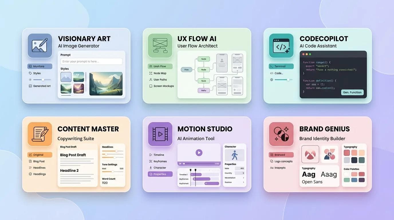 Six AI design agent categories side by side — image generation, user-flow architecture, code assistance, copywriting, motion and brand identity