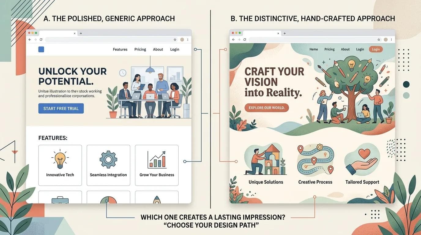 Two landing pages compared — a polished generic template beside a distinctive hand-crafted design