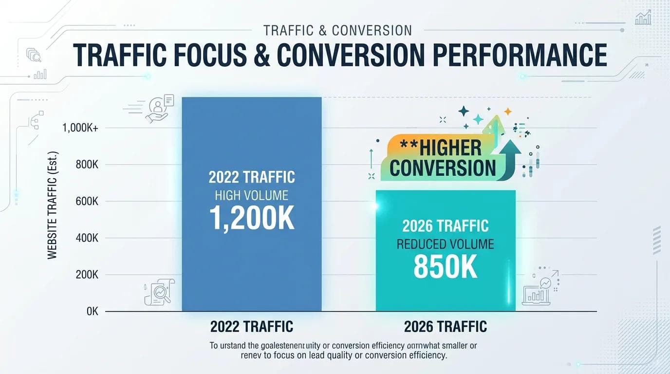 Less traffic, higher intent — the 2026 pattern for informational content.