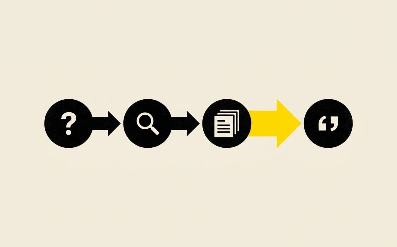 LLM retrieval in four stages: user question → search query → page reading → citation decision. The third step is where GEO lives.