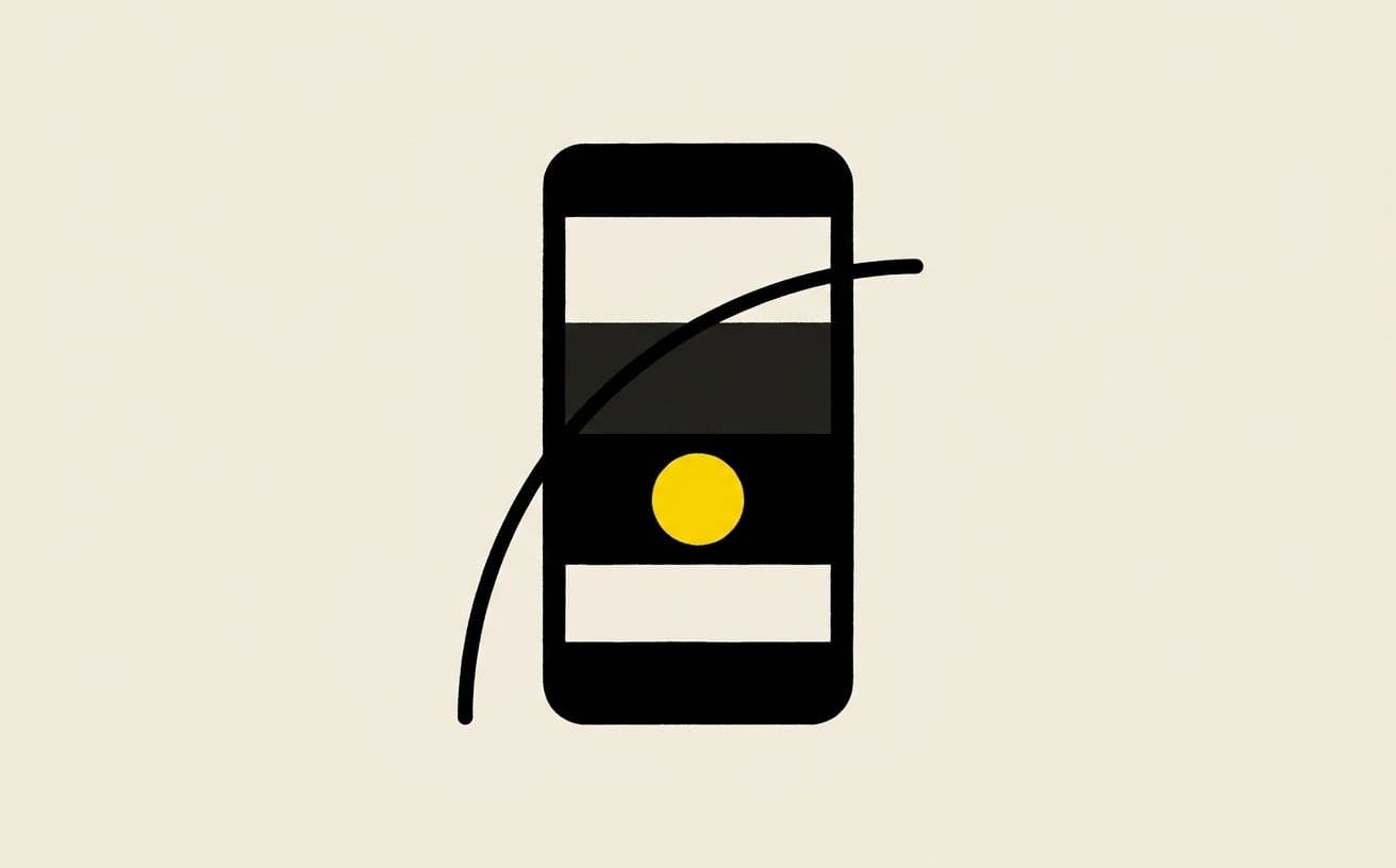 The thumb zone map. Primary actions in the lower-middle (yellow), secondary in the stretch zone (middle), settings and utility in the hard zone (top corners).